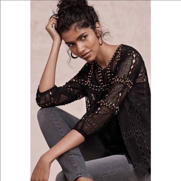 Anthro Maeve Black Crochet Lace Bronze Stud Embellished Blouse - Picture 4 of 7